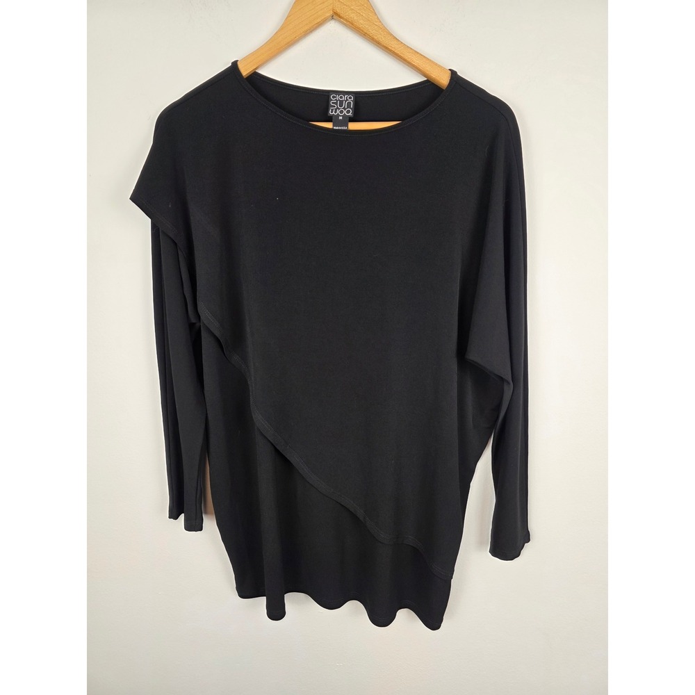 Clara Sun‎ Woo Black Tunic Top Medium Asymmetric Hem Long Sleeve Made in USA